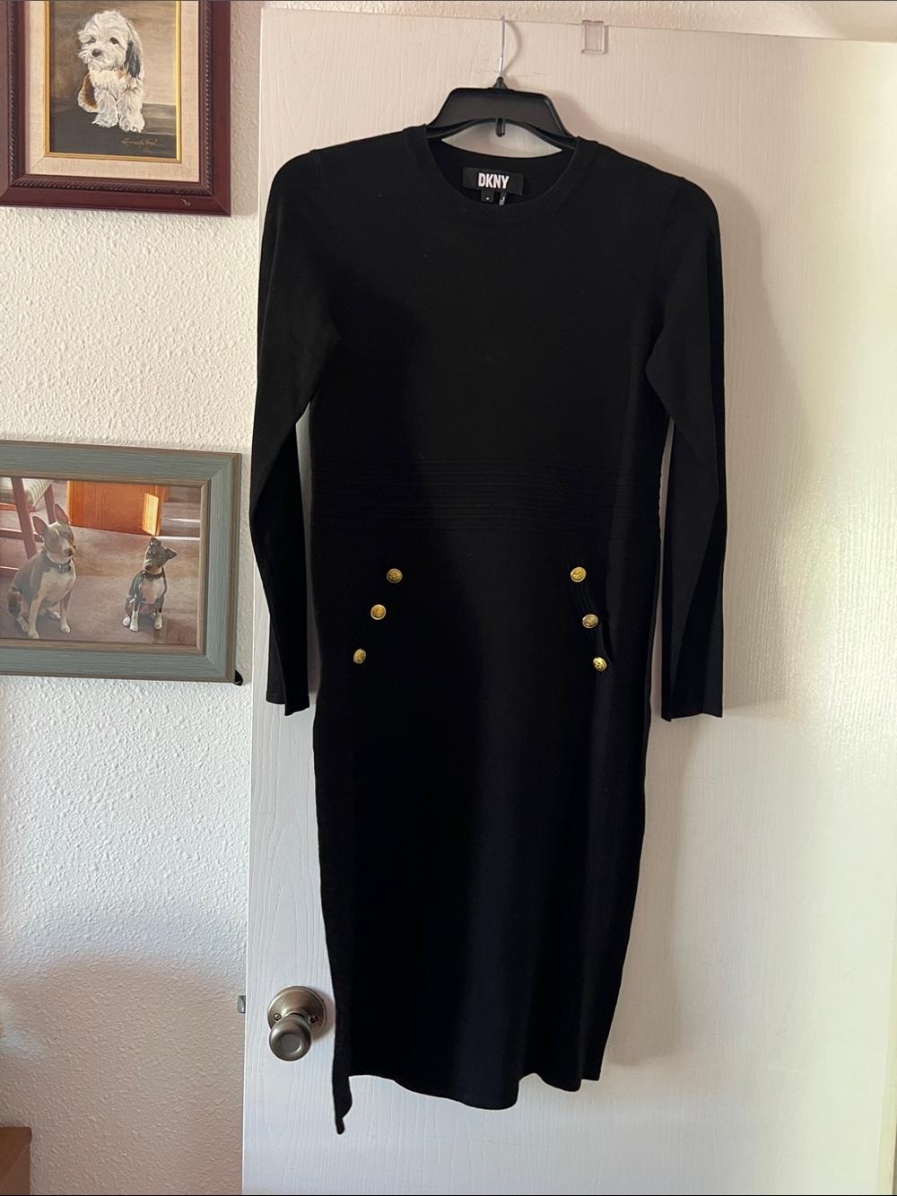 DKNY Black Long Sleeve Knit Dress with Gold Button Accents